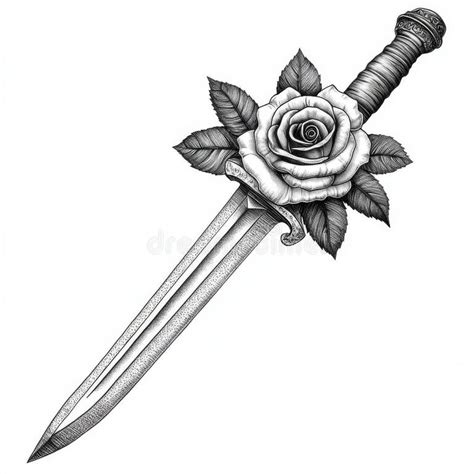 A Classic Engraved Tattoo Featuring A Dagger Piercing A Fully Bloomed A Classic Engraved Tattoo Featuring A Dagger Piercing A Fully Bloomed