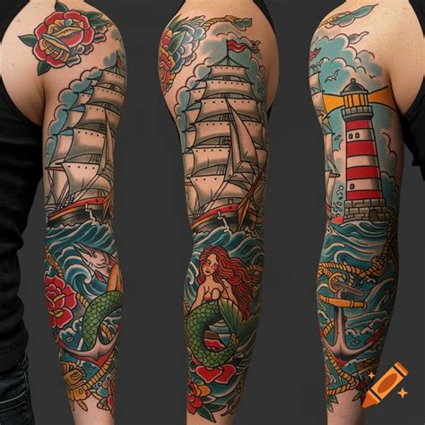 American Traditional Style Arm Sleeve Tattoo With A Ship Anchor Sea American Traditional Style Arm Sleeve Tattoo With A Ship Anchor Sea