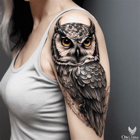 An Owl Tattoo On The Back Of A Woman Amp 39 S Upper Arm And Shoulder With