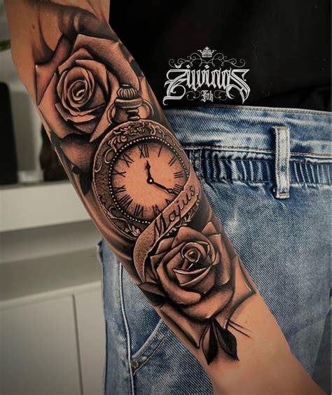 Clock And Rose Tattoo Design