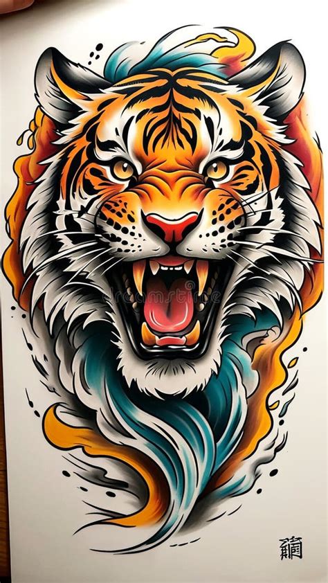 Colorful Tattoo Style Tiger Illustration With Flaming Mane And Intense Colorful Tattoo Style Tiger Illustration With Flaming Mane And Intense