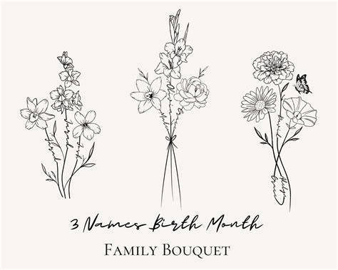Custom Birth Flower Tattoo Design 3 Names Floral Bouquet Digital Custom Birth Flower Tattoo Design 3 Names Floral Bouquet Digital