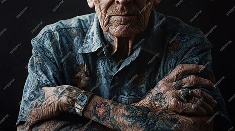 Detailed Portrait Of An Elderly Person With A Lifetime Of Tattoos