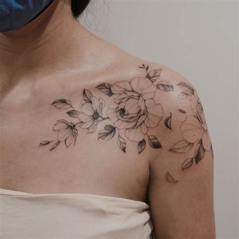 Fine Line Flower Tattoos Shoulder Tattoos For Women Feminine