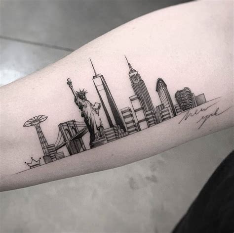 Fine Line New York City Skyline Tattoo Inner Forearm