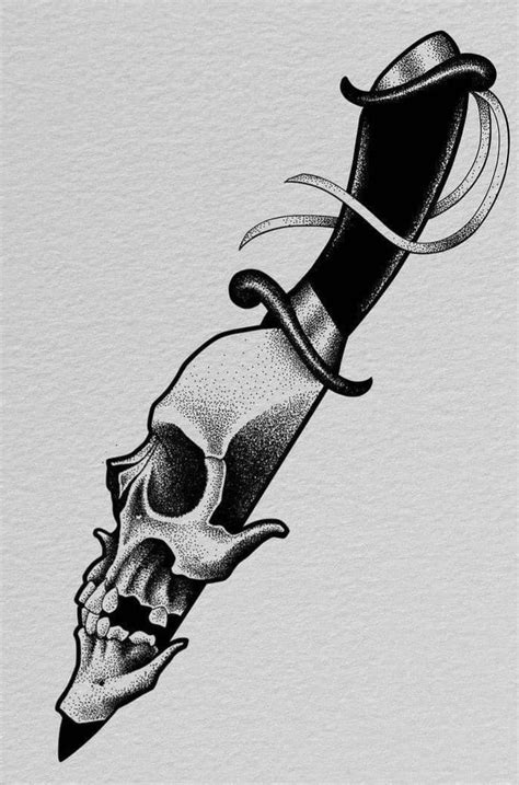 Floral Skull Tattoo With Knife Design Floral Skull Tattoo With Knife Design