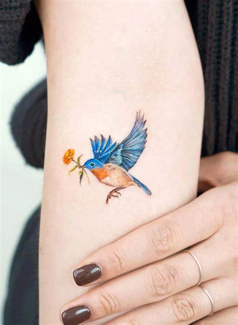 Flower With A Blue Bird Tattoo