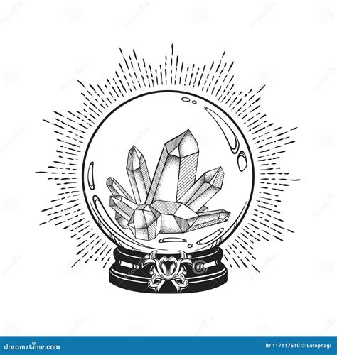 Hand Drawn Magic Crystal Ball With Gems Line Art And Dot Work Boho Chic Tattoo Poster Or Altar Veil Print Design Vector Illustra Stock Vector Illustration Of Etching Eclectic 117117510