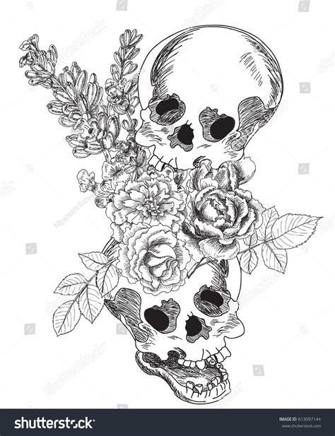 Hand Drawn Skull Flower Tattoo Design Stock Vector Royalty Free 613097144