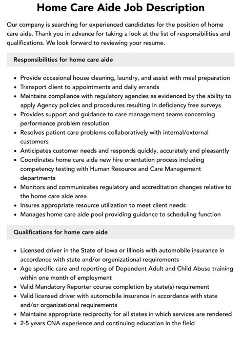 Home Health Care Job Duties
