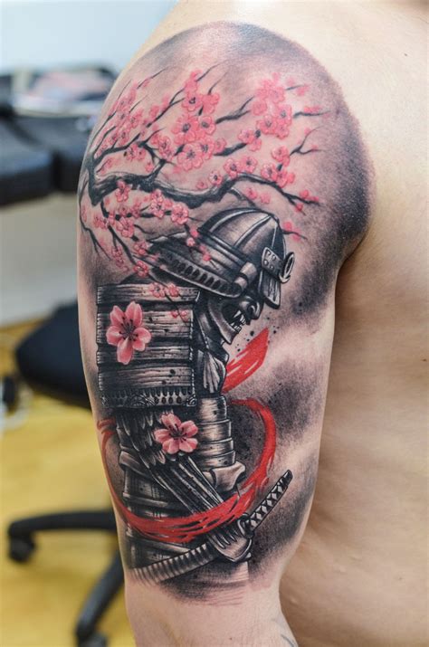 Japanese Ronin Tattoo Detailed Samurai Tattoo With Cherry Blossoms On