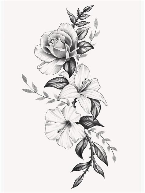 Lily Rose And Hibiscus Floral Tattoo Design By Tred85 Floral Tattoo