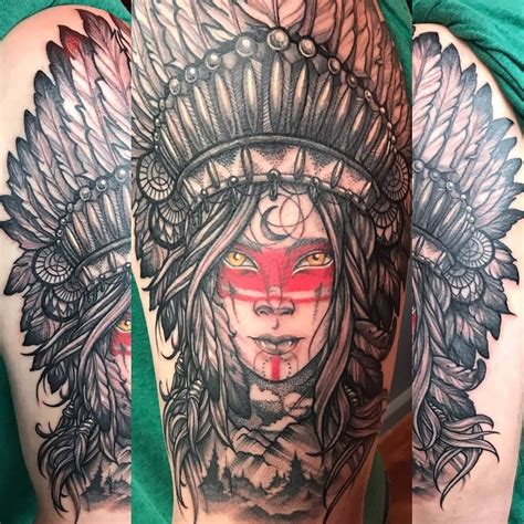 Native American Girl With Headdress In The Sun A Compass And A Clock And Arrowhead Tattoo Idea Tattoosai