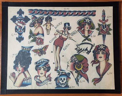 Owen Jensen Traditional Vintage Style Tattoo Flash Sheet 11X14 Pirate Girls Usa Etsy