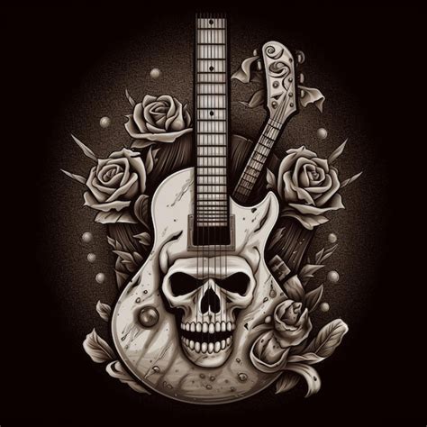 Premium Ai Image Skull And Guitar With Roses Tattoo Design On Black Premium Ai Image Skull And Guitar With Roses Tattoo Design On Black