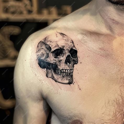 Realistic Skull Tattoo On A Mans Shoulder Style Premium Ai Generated