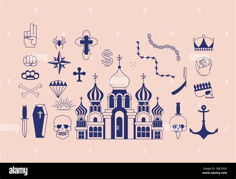 Russian Prison Tattoo Set Russia Criminal Symbol Skull Cross And