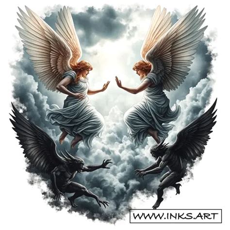 Tattoo Design Angels Battling Demons In Epic Struggle Style Realism