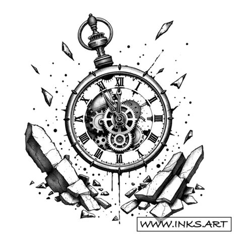 Tattoo Design Shattered Clock In Apocalyptic Ruins Style Dotwork