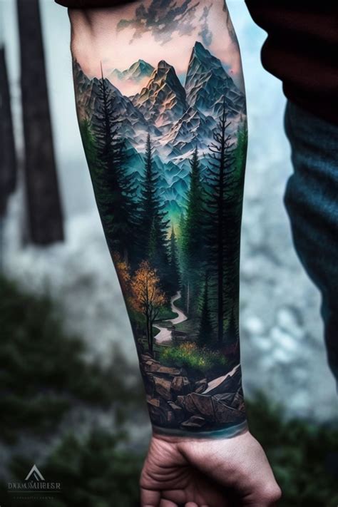 Tattoo Of Forest And Mountains On The Forearm In Color Realism Artofit
