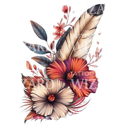 Vintage Tropical Feather And Flowers Tattoo Design