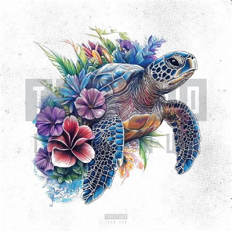 Watercolor Sea Turtle Flower Tattoo Design Stencil Tattoobnb